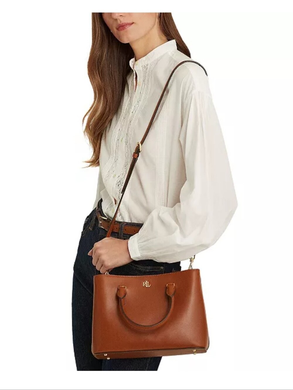 Ralph Lauren Tan Brown Leather Satchel with Gold RLL Logo